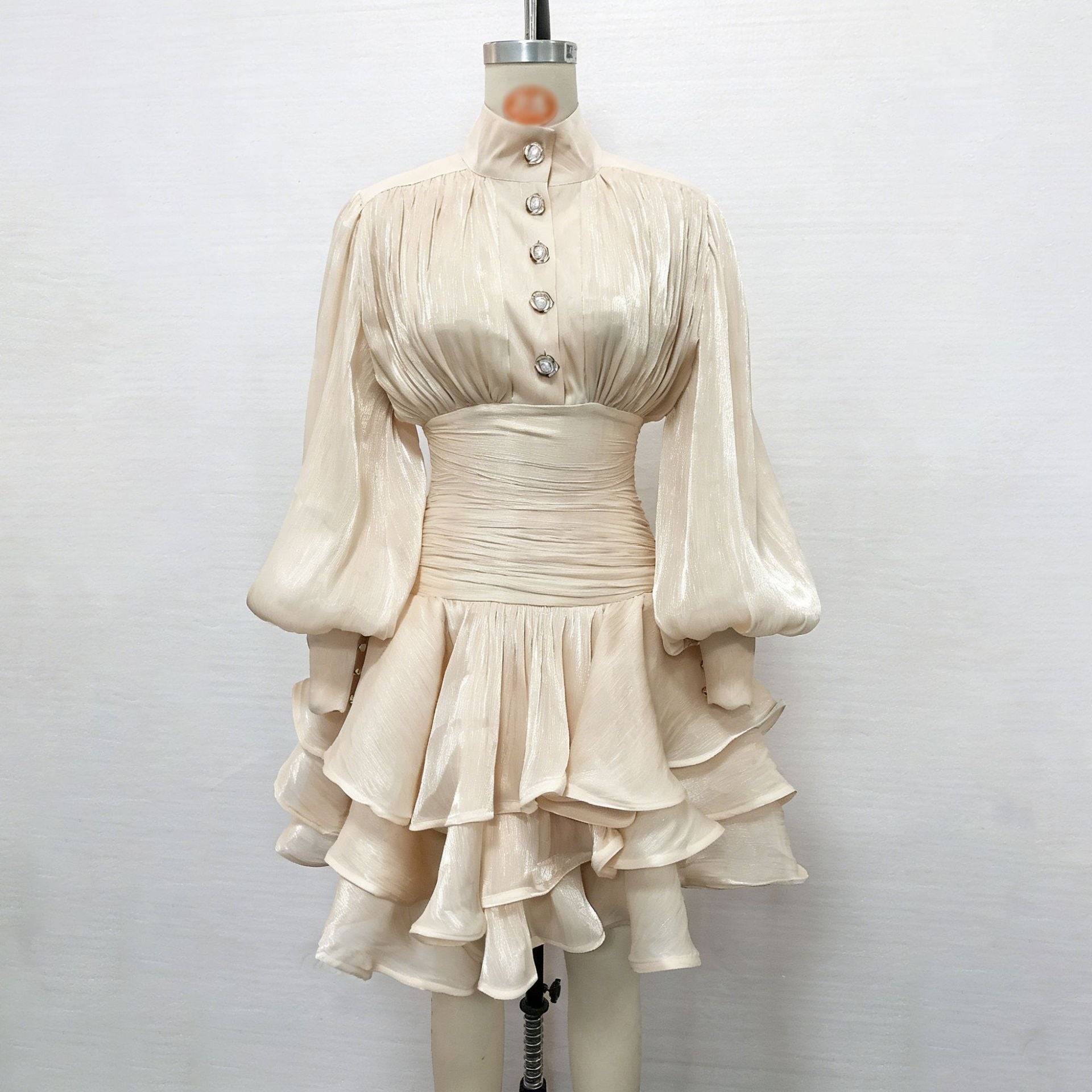 Vintage French Style Mini Dress | Puff Sleeve High Collar Party Dress