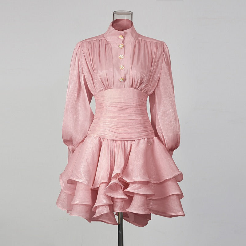 Vintage French Style Mini Dress | Puff Sleeve High Collar Party Dress