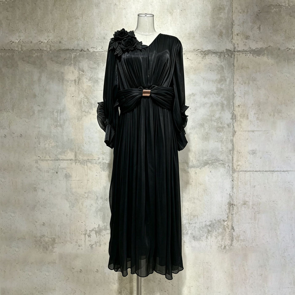 Vintage Palace Style Maxi Dress Women's Floral Applique Ruched Waist Mesh Long Dress