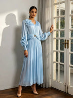 Vintage Palace Style Maxi Dress Women's Floral Applique Ruched Waist Mesh Long Dress