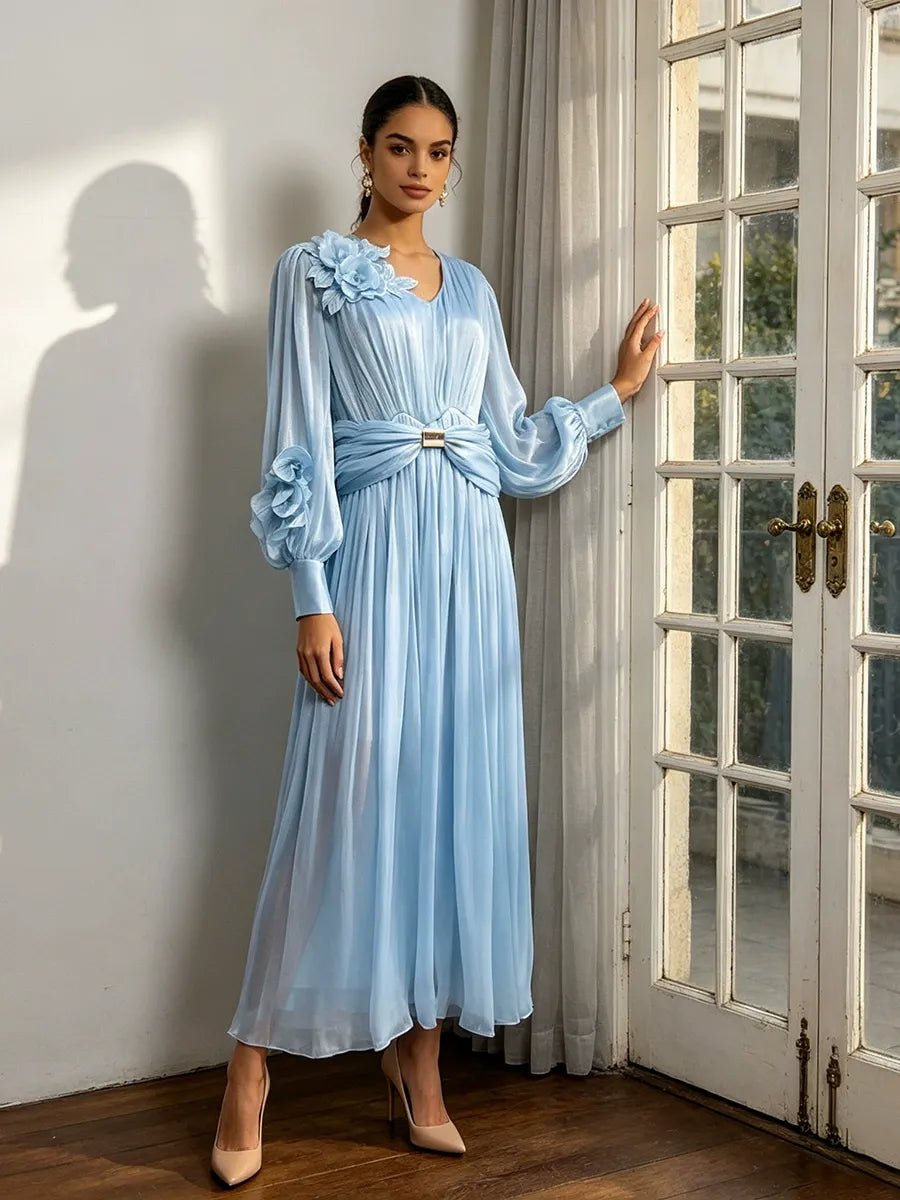Vintage Palace Style Maxi Dress Women's Floral Applique Ruched Waist Mesh Long Dress