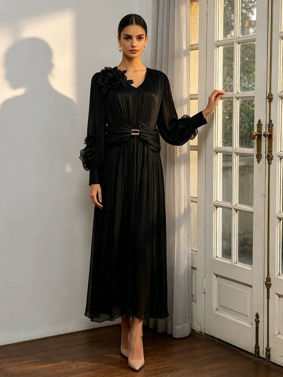 Vintage Palace Style Maxi Dress Women's Floral Applique Ruched Waist Mesh Long Dress