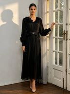 Vintage Palace Style Maxi Dress Women's Floral Applique Ruched Waist Mesh Long Dress