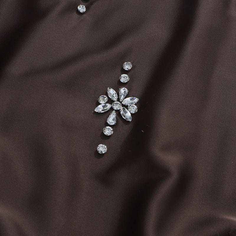Vintage Round-Neck Beaded Loose Blouse – Black & Coffee