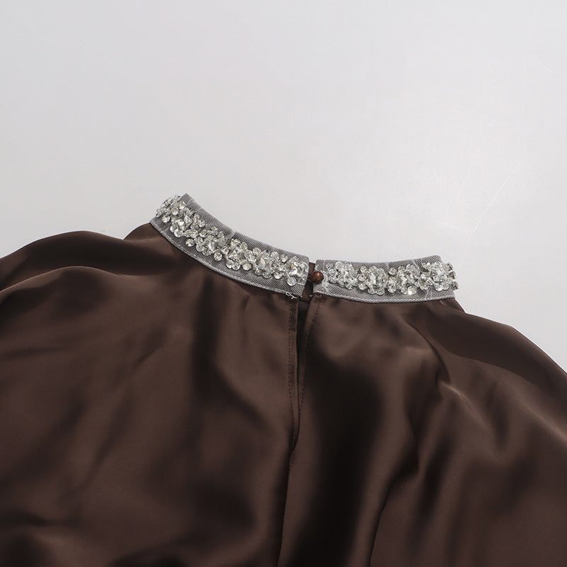 Vintage Round-Neck Beaded Loose Blouse – Black & Coffee