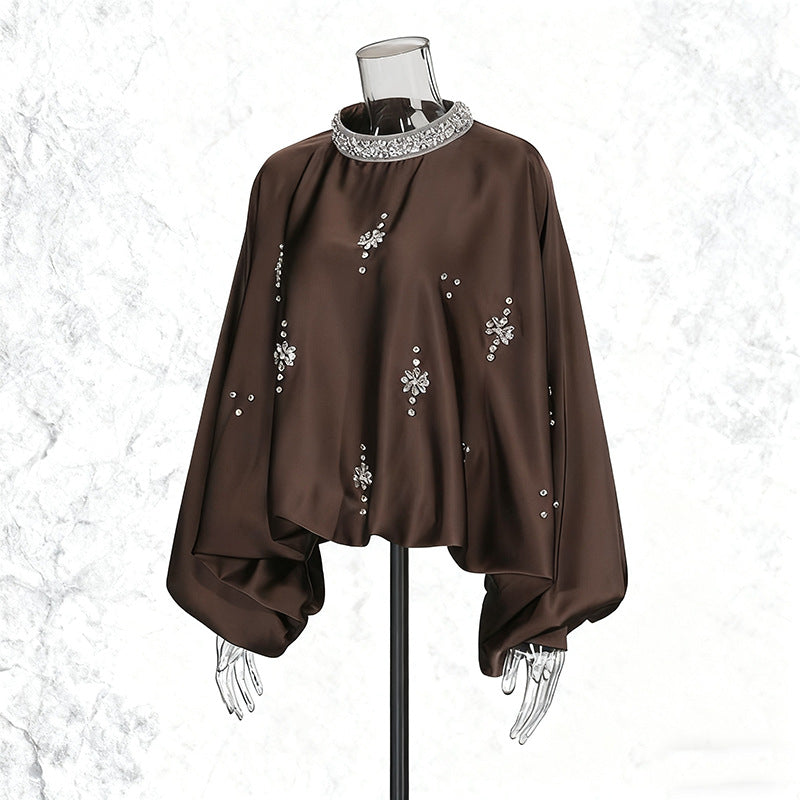 Vintage Round-Neck Beaded Loose Blouse – Black & Coffee
