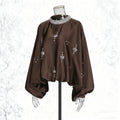 Vintage Round-Neck Beaded Loose Blouse – Black & Coffee