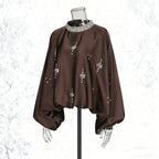 Vintage Round-Neck Beaded Loose Blouse – Black & Coffee