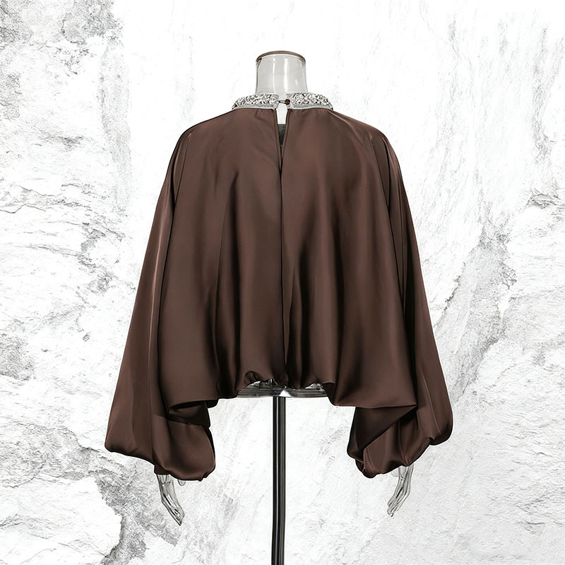 Vintage Round-Neck Beaded Loose Blouse – Black & Coffee