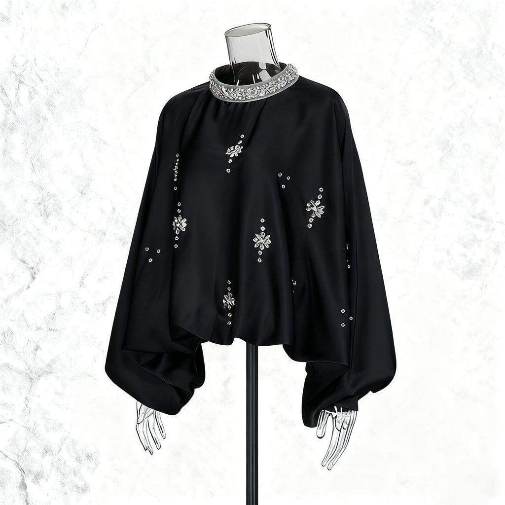 Vintage Round-Neck Beaded Loose Blouse – Black & Coffee