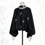 Vintage Round-Neck Beaded Loose Blouse – Black & Coffee