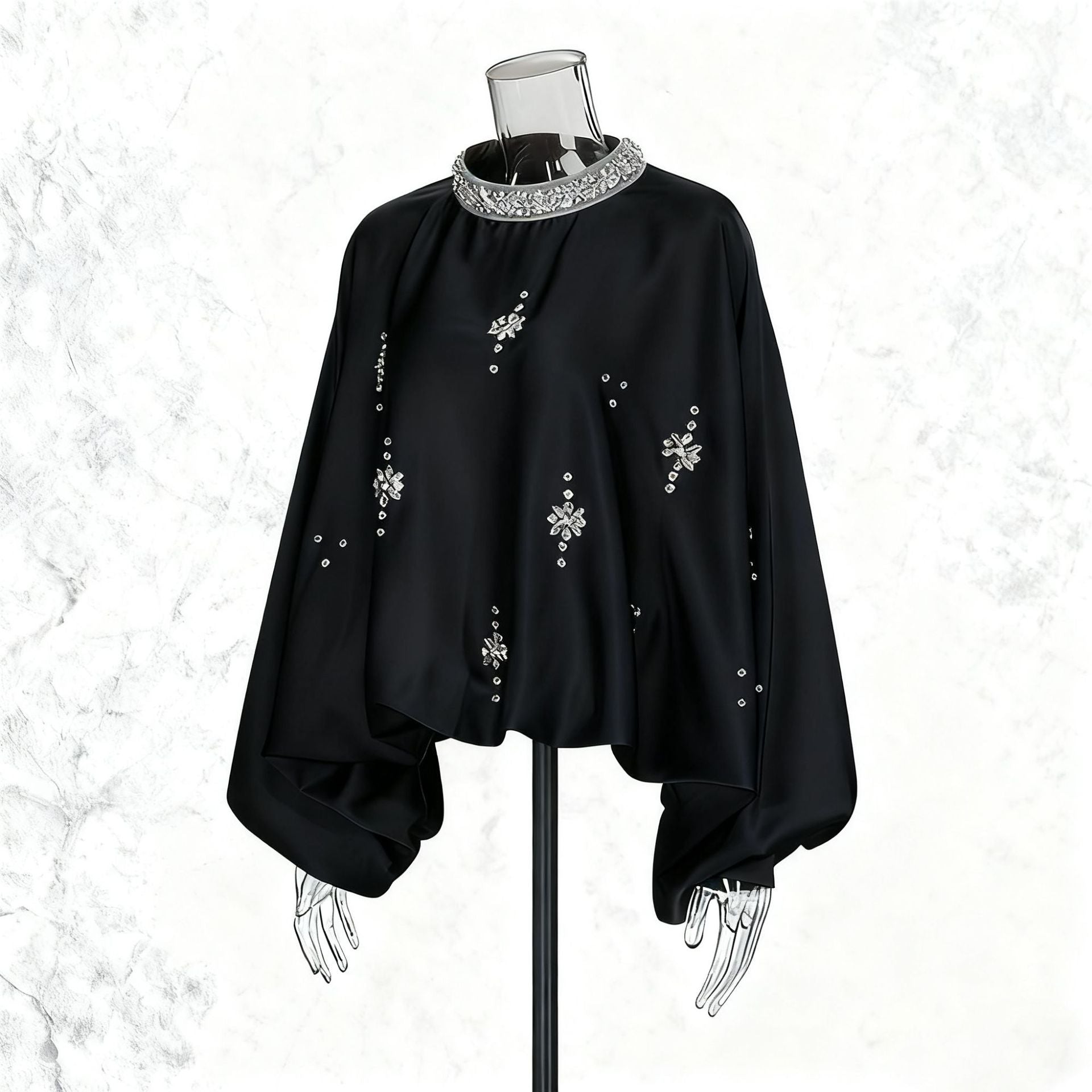 Vintage Round-Neck Beaded Loose Blouse – Black & Coffee