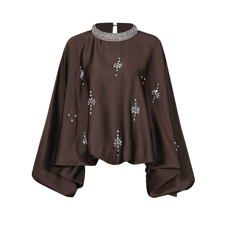 Vintage Round-Neck Beaded Loose Blouse – Black & Coffee