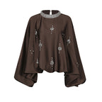 Vintage Round-Neck Beaded Loose Blouse – Black & Coffee