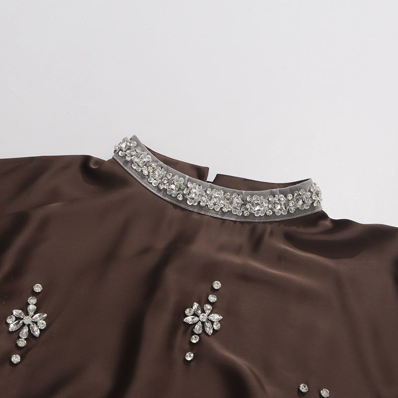 Vintage Round-Neck Beaded Loose Blouse – Black & Coffee