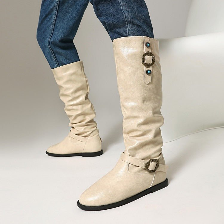 Vintage Slouchy Riding Boots for Women | Flat Heel Buckle Boots - Styeenigma