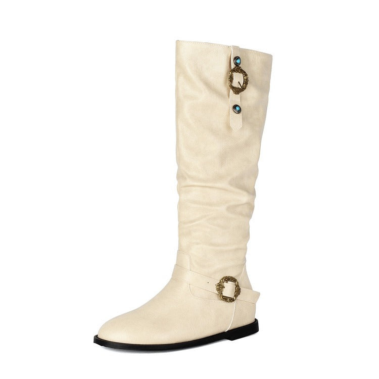 Vintage Slouchy Riding Boots for Women | Flat Heel Buckle Boots