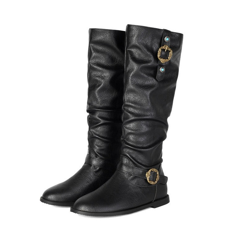 Vintage Slouchy Riding Boots for Women | Flat Heel Buckle Boots