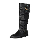 Vintage Slouchy Riding Boots for Women | Flat Heel Buckle Boots