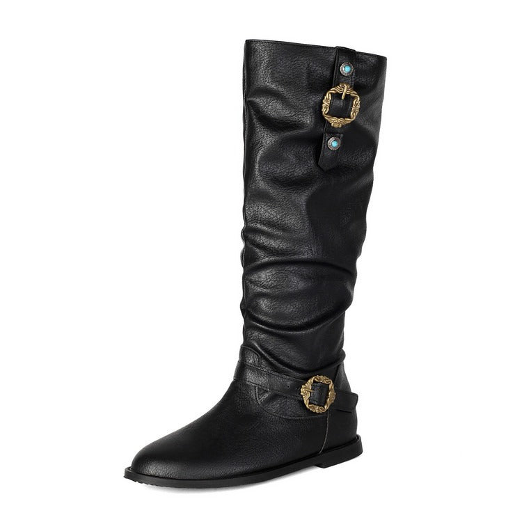 Vintage Slouchy Riding Boots for Women | Flat Heel Buckle Boots