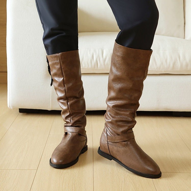 Vintage Slouchy Riding Boots for Women | Flat Heel Buckle Boots - Styeenigma