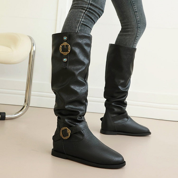 Vintage Slouchy Riding Boots for Women | Flat Heel Buckle Boots