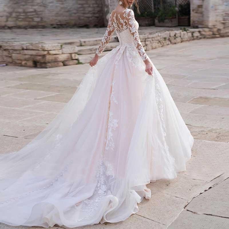 Lace Applique Long Sleeve Tulle Wedding Dress for Women - Styeenigma