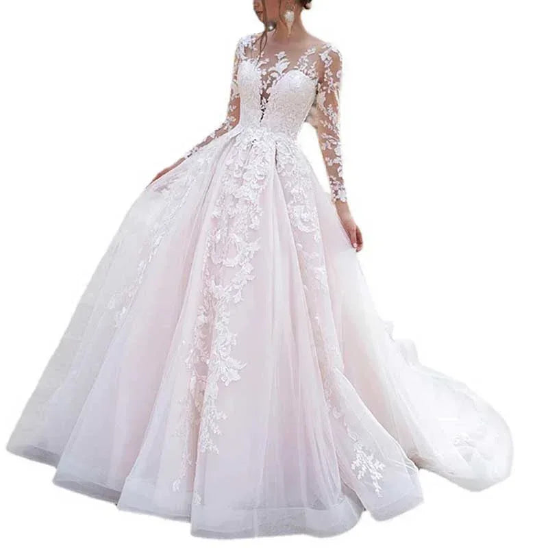 Lace Applique Long Sleeve Tulle Wedding Dress for Women - Styeenigma