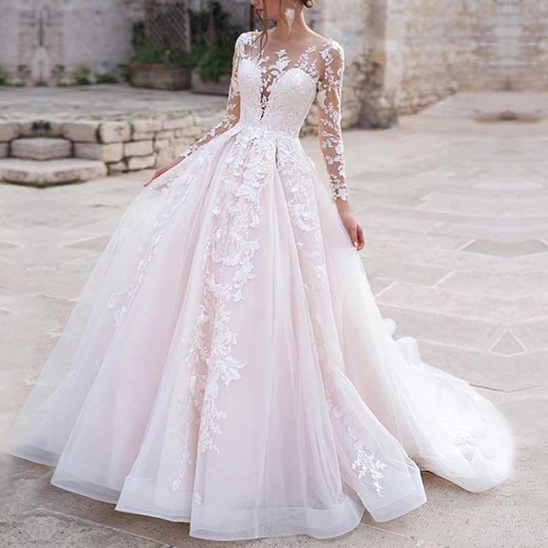 Lace Applique Long Sleeve Tulle Wedding Dress for Women - Styeenigma