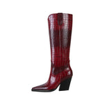 Western Cowboy Boots Croc Embossed Faux Leather Block Heel Pointed Toe Bootie - Styeenigma