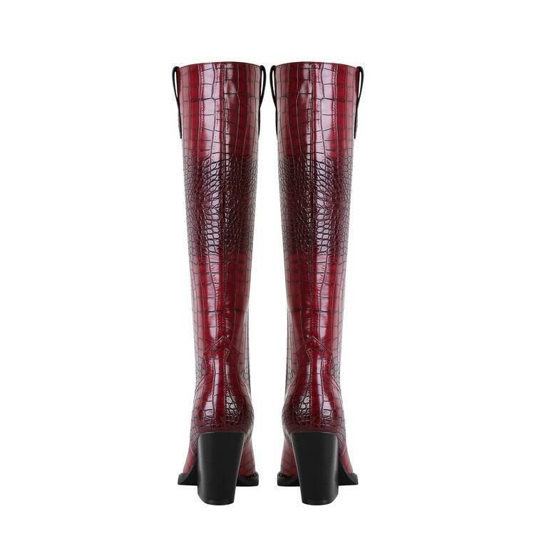 Western Cowboy Boots Croc Embossed Faux Leather Block Heel Pointed Toe Bootie - Styeenigma