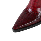 Western Cowboy Boots Croc Embossed Faux Leather Block Heel Pointed Toe Bootie - Styeenigma
