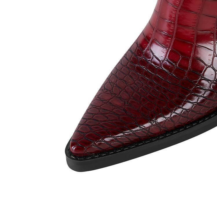 Western Cowboy Boots Croc Embossed Faux Leather Block Heel Pointed Toe Bootie - Styeenigma