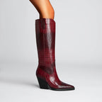 Western Cowboy Boots Croc Embossed Faux Leather Block Heel Pointed Toe Bootie