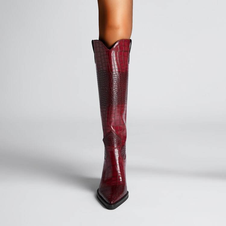 Western Cowboy Boots Croc Embossed Faux Leather Block Heel Pointed Toe Bootie - Styeenigma