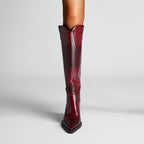Western Cowboy Boots Croc Embossed Faux Leather Block Heel Pointed Toe Bootie - Styeenigma