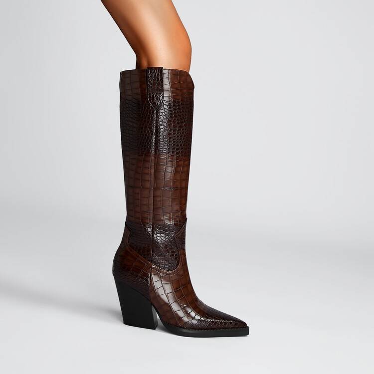 Western Cowboy Boots Croc Embossed Faux Leather Block Heel Pointed Toe Bootie