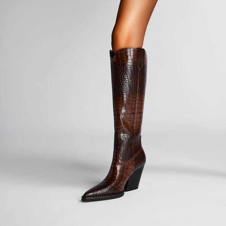 Western Cowboy Boots Croc Embossed Faux Leather Block Heel Pointed Toe Bootie - Styeenigma