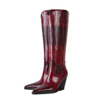 Western Cowboy Boots Croc Embossed Faux Leather Block Heel Pointed Toe Bootie - Styeenigma