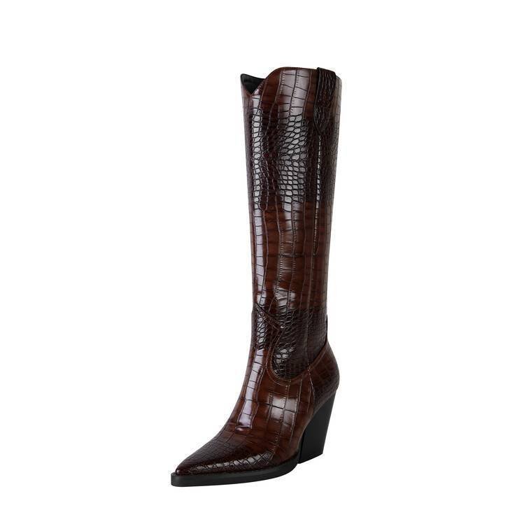 Western Cowboy Boots Croc Embossed Faux Leather Block Heel Pointed Toe Bootie - Styeenigma