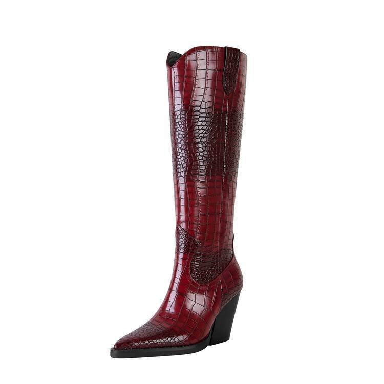Western Cowboy Boots Croc Embossed Faux Leather Block Heel Pointed Toe Bootie - Styeenigma