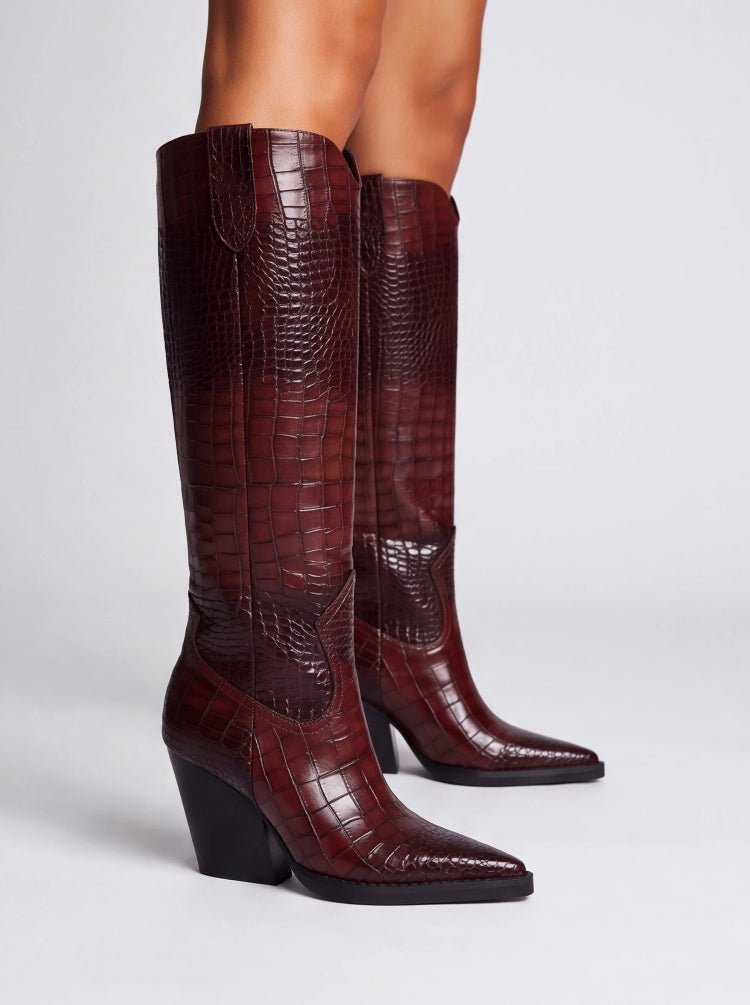 Western Cowboy Boots Croc Embossed Faux Leather Block Heel Pointed Toe Bootie - Styeenigma