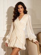 White/Apricot Draped Mini Dress Women's V-Neck Puff Sleeve Bubble Hem - Styeenigma