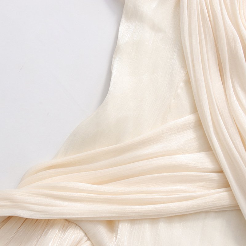 White/Apricot Draped Mini Dress Women's V-Neck Puff Sleeve Bubble Hem - Styeenigma