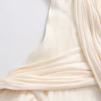 White/Apricot Draped Mini Dress Women's V-Neck Puff Sleeve Bubble Hem - Styeenigma