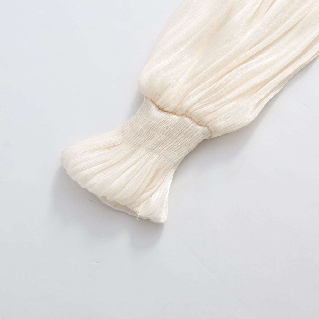 White/Apricot Draped Mini Dress Women's V-Neck Puff Sleeve Bubble Hem - Styeenigma