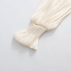 White/Apricot Draped Mini Dress Women's V-Neck Puff Sleeve Bubble Hem - Styeenigma