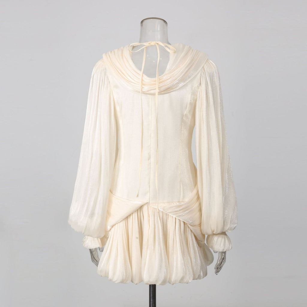 White/Apricot Draped Mini Dress Women's V-Neck Puff Sleeve Bubble Hem - Styeenigma