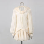 White/Apricot Draped Mini Dress Women's V-Neck Puff Sleeve Bubble Hem - Styeenigma