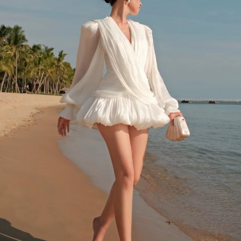 White/Apricot Draped Mini Dress Women's V-Neck Puff Sleeve Bubble Hem - Styeenigma